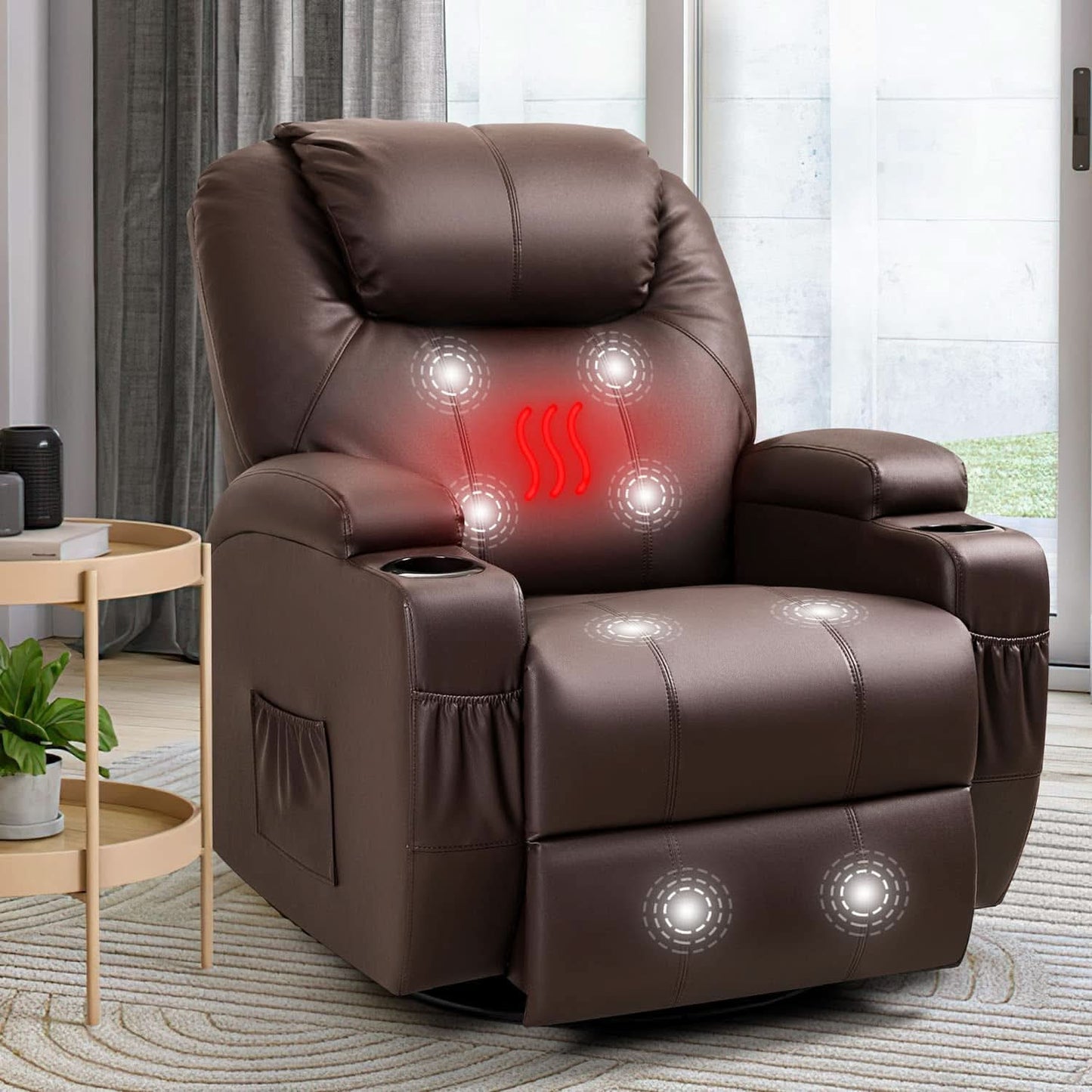 PU Leather Recliner Chair With Massage And Heat Brown