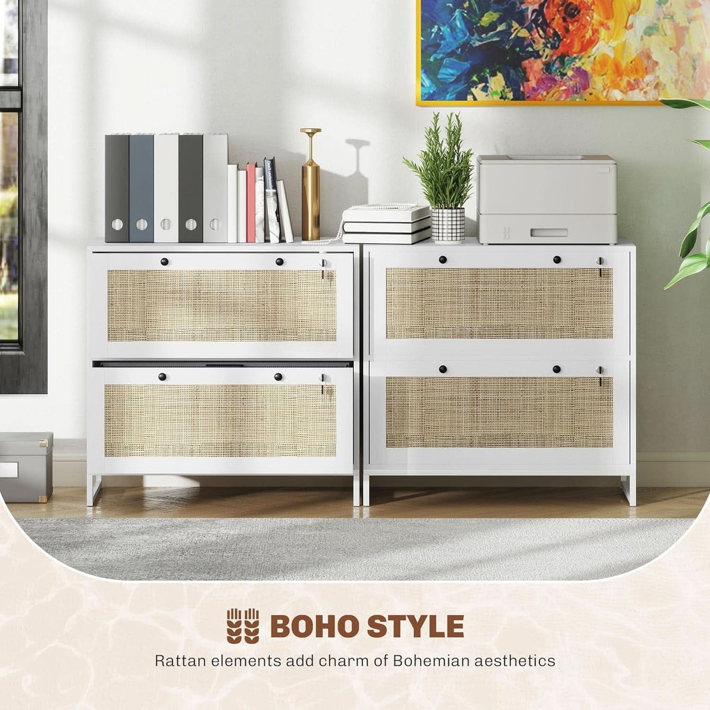 White Rattan 2 Drawer Locking Lateral File Cabinet