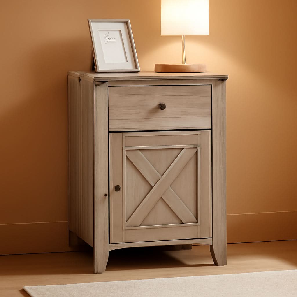 Barnwood Rustic Nightstand With X Shaped Barn Doors Grey