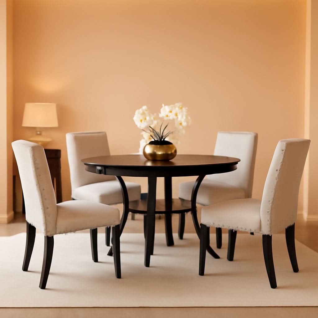 Tan Fabric Nailhead Dining Set 5 Piece Round Table