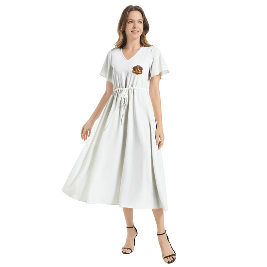 QE Dragons Women Flutter Sleeve Drawstring Waist Flared Dress