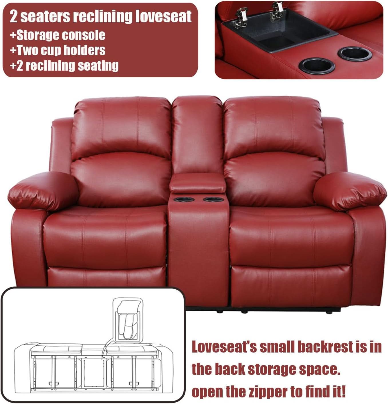 Red Faux Leather Reclining Loveseat With Storage Console