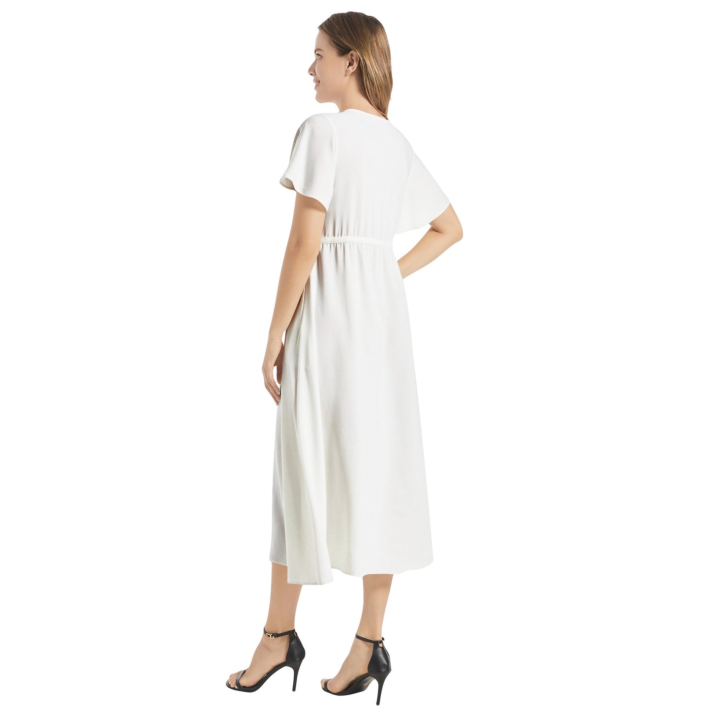QE Dragons Women Flutter Sleeve Drawstring Waist Flared Dress