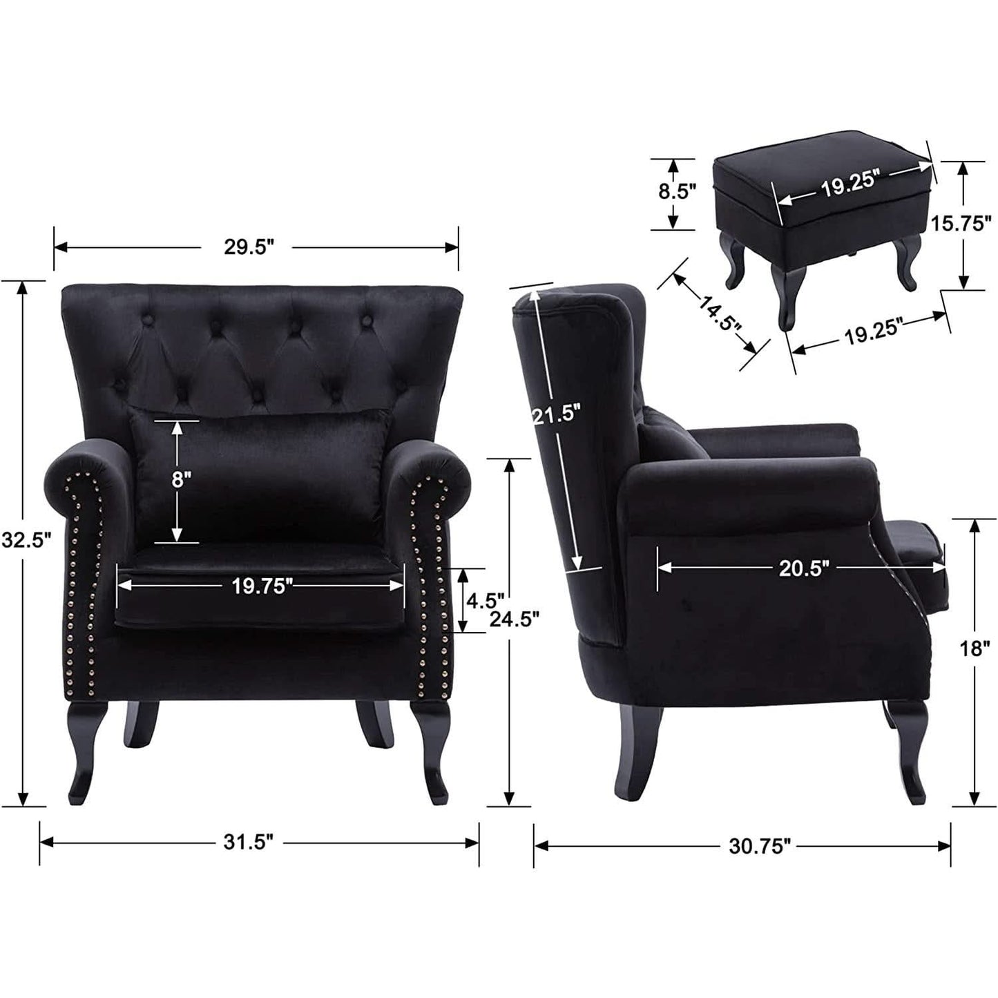 Elegant Black Velvet Wingback Chair With Ottoman Set