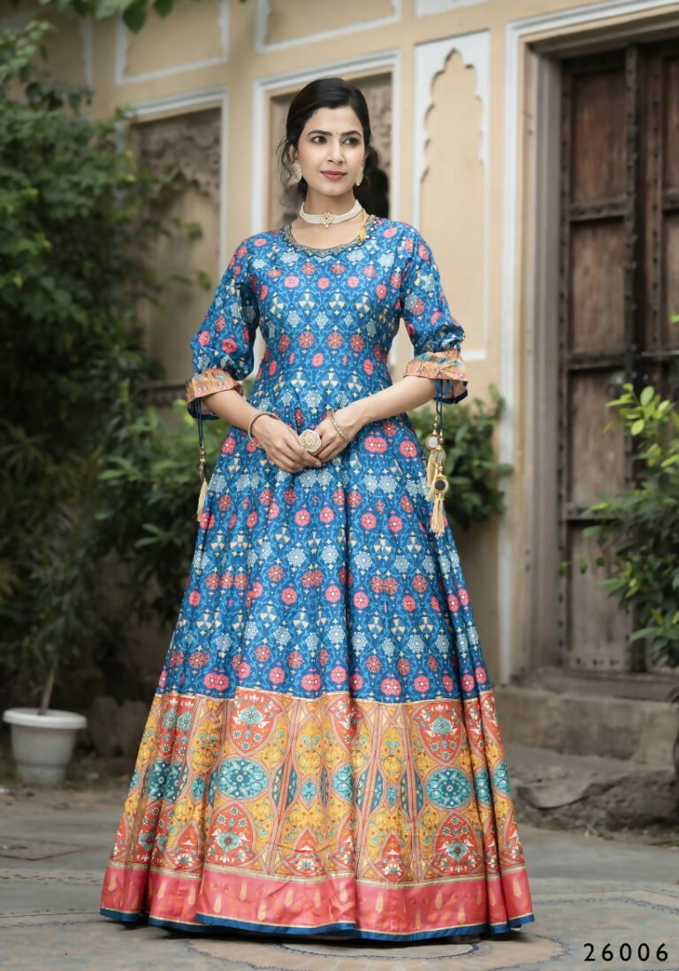 Wedding Designer Blue Soft Dola Silk Anarkali suit with Dupatta - Samanta