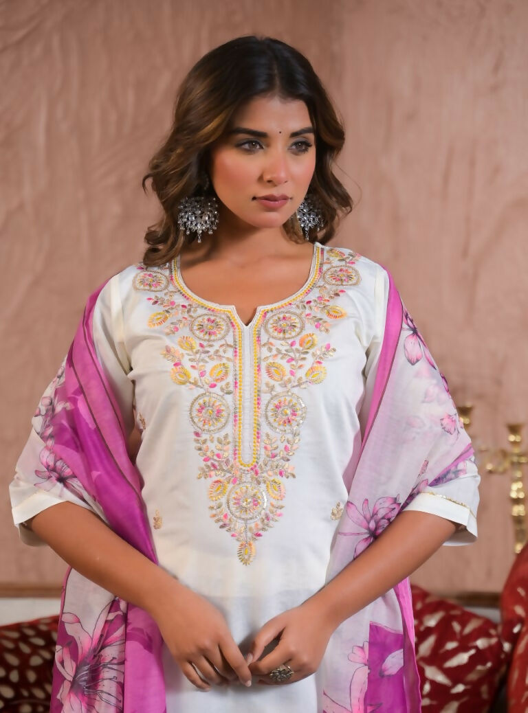 Ethnic Festive Wear Viscose Chanderi Off White Stitched Suit With Dupatta - Tanisha