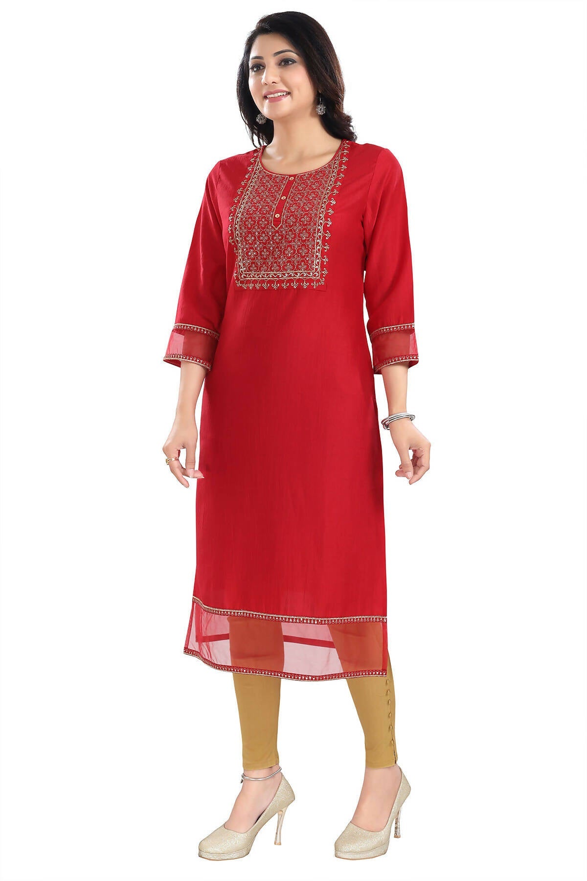 Snehal Creations Mighty Red Art Silk Designer Long Kurti Tunic With Zari Embroidery