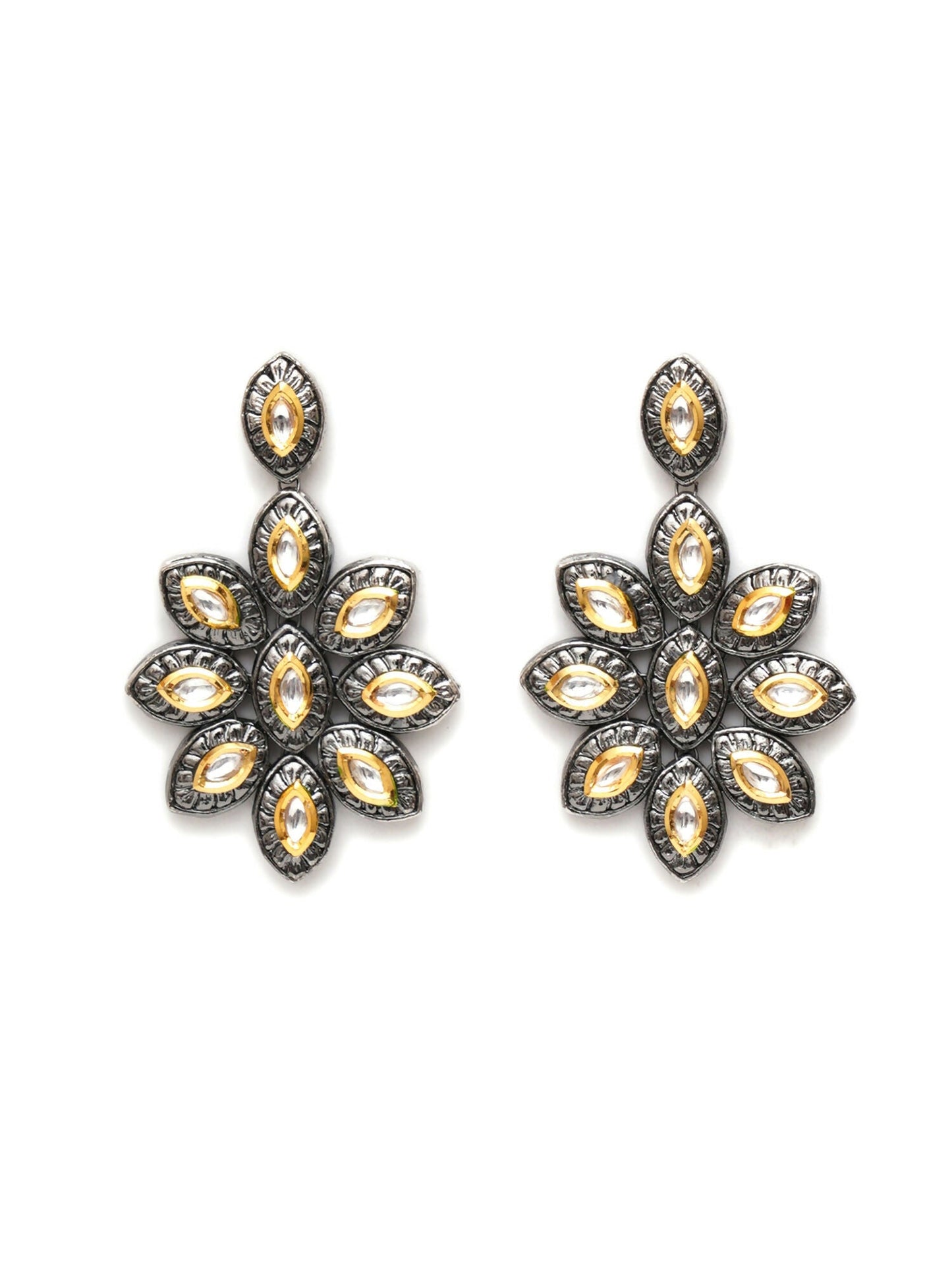 Dual Tone Kundan Flower Studs (silver) - Ruby Raang