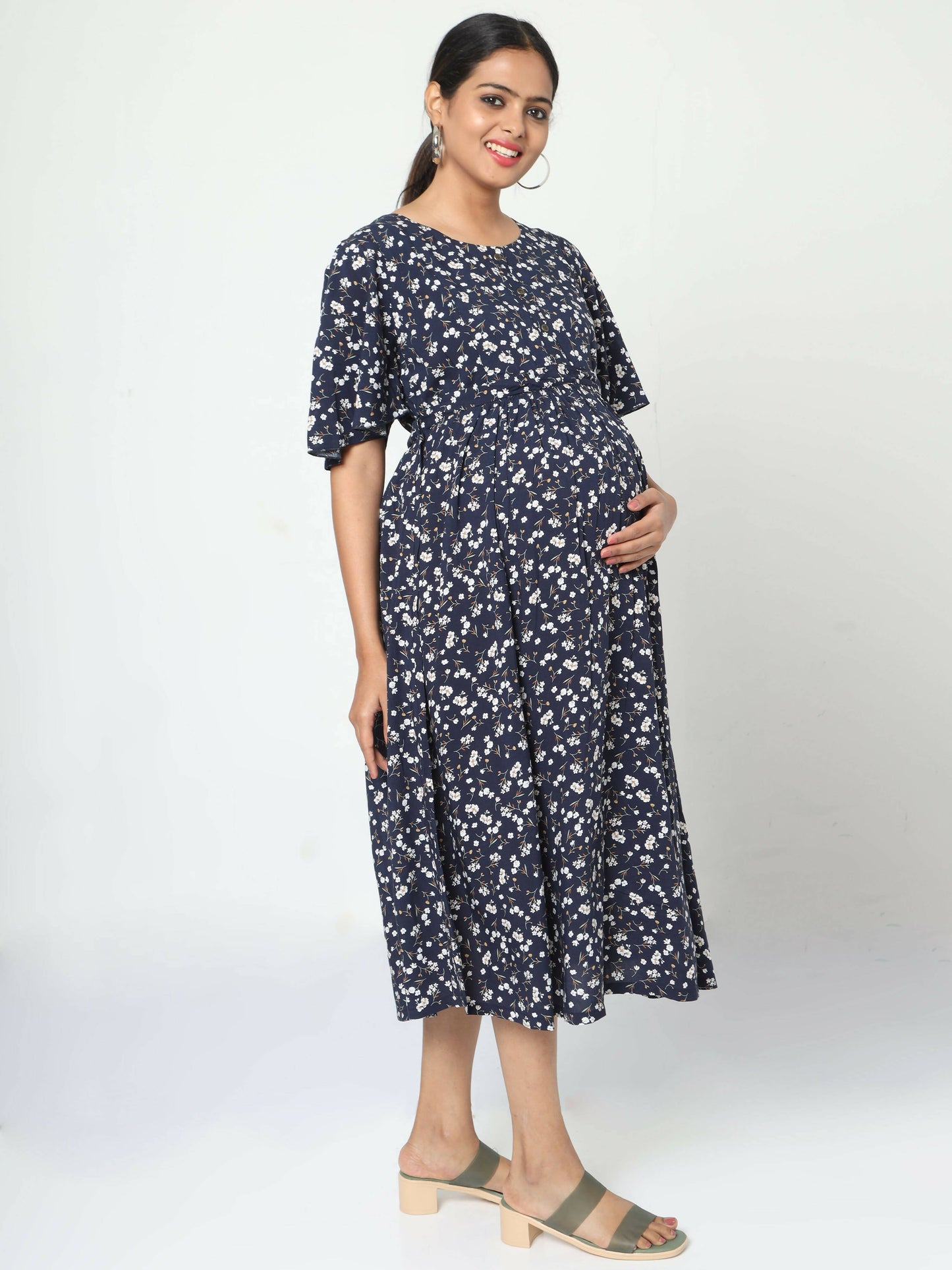 Manet Frill Slevees Maternity Dress Floral Print With Concealed Zipper Nursing Access - Navy