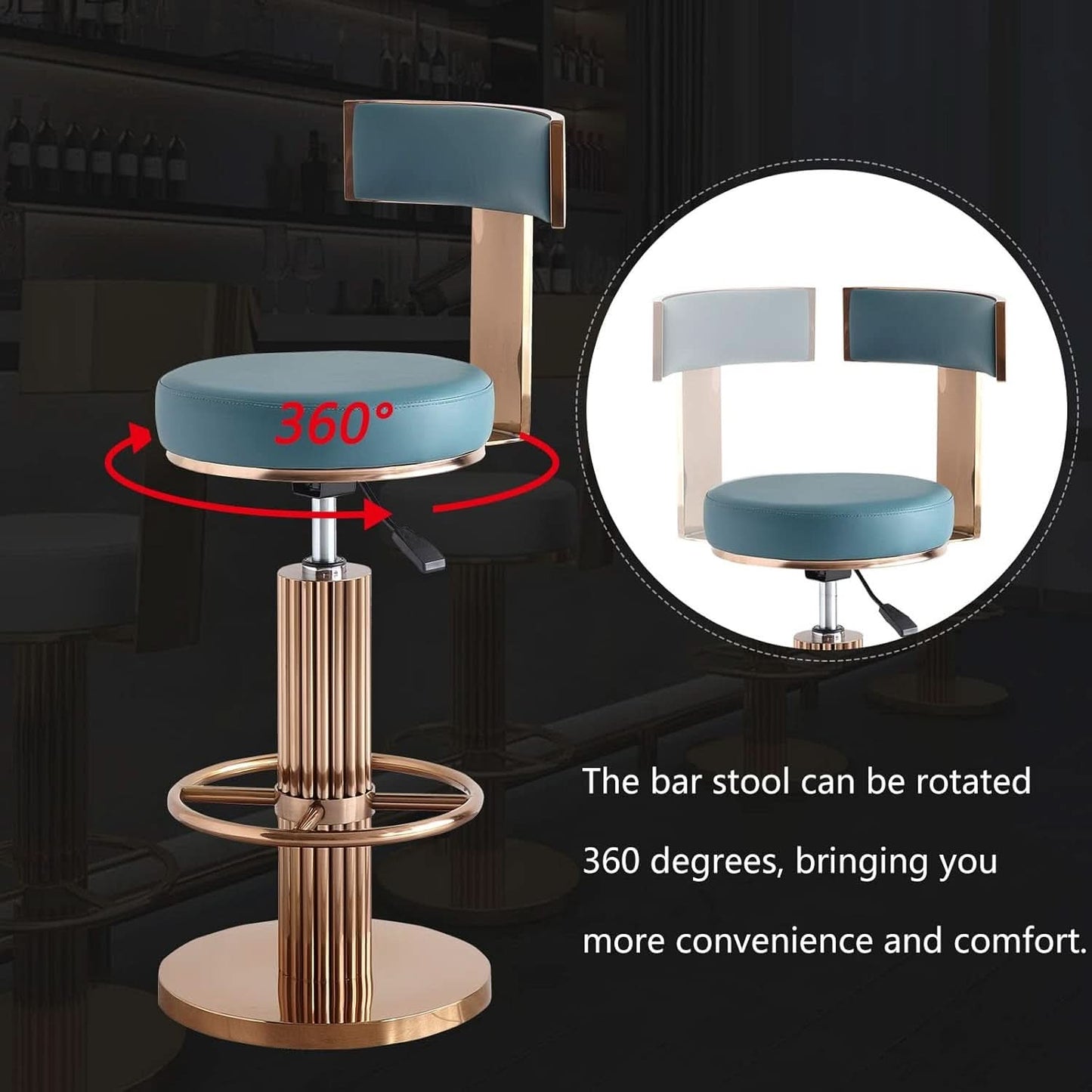 Blue Adjustable Height Counter Height Bar Stool With Backrest