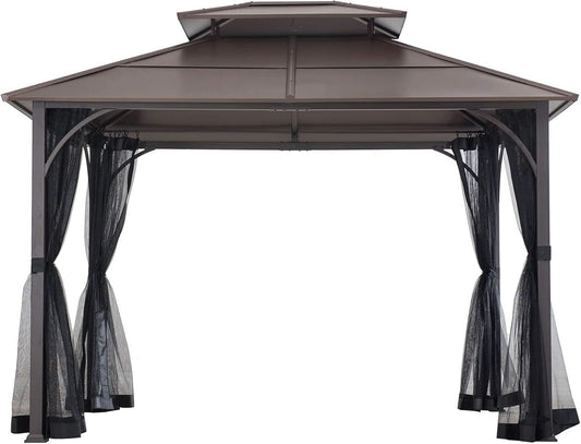 10x12 Brown Hardtop Gazebo With Steel Frame And Netting For Outdoor Patio Garden Canopy Shelter