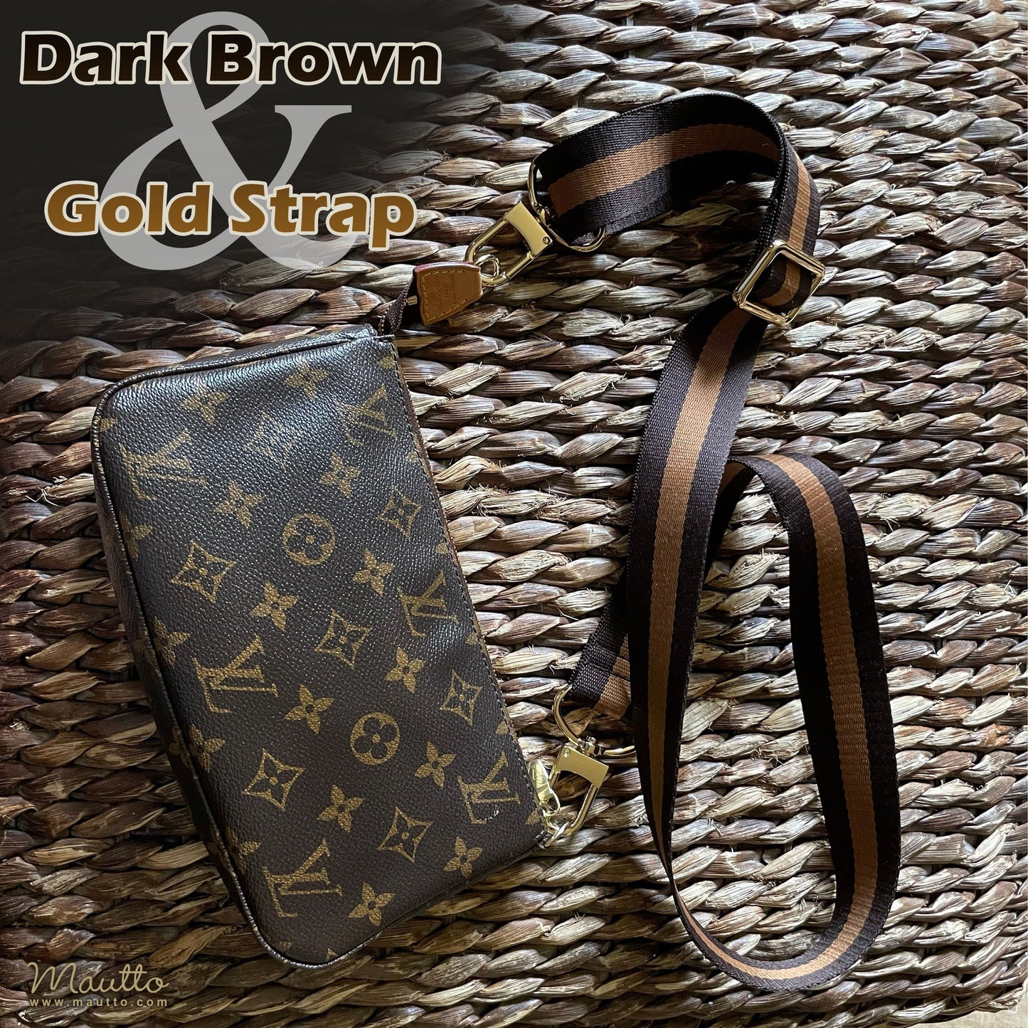 Dark Brown & Gold Honey Strap - 1.5" Wide Nylon, Soft/Comfy - Adjustable Shoulder to Crossbody Bandouliere - Choose Connector Finish