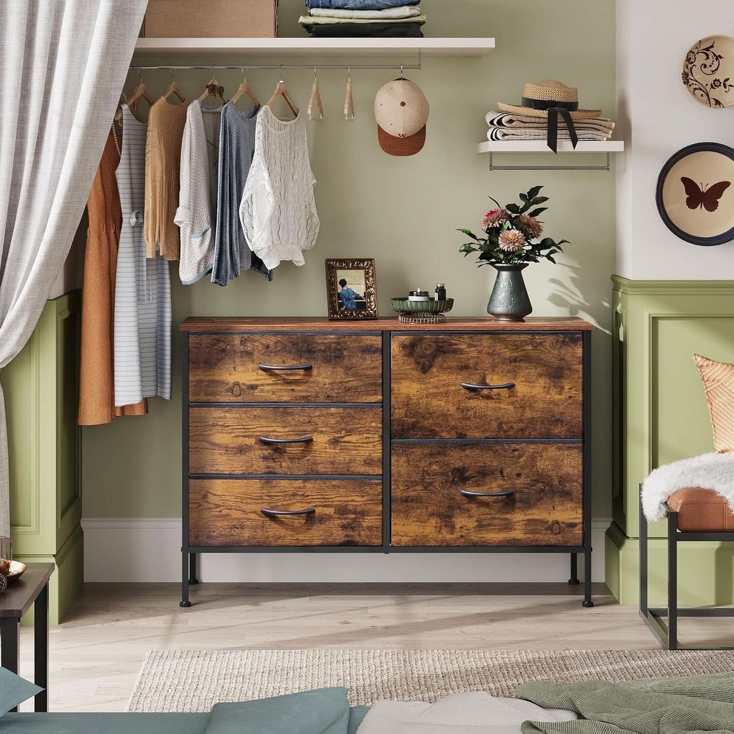 Rustic Brown Wood Grain 5 Drawer Dresser For Bedroom