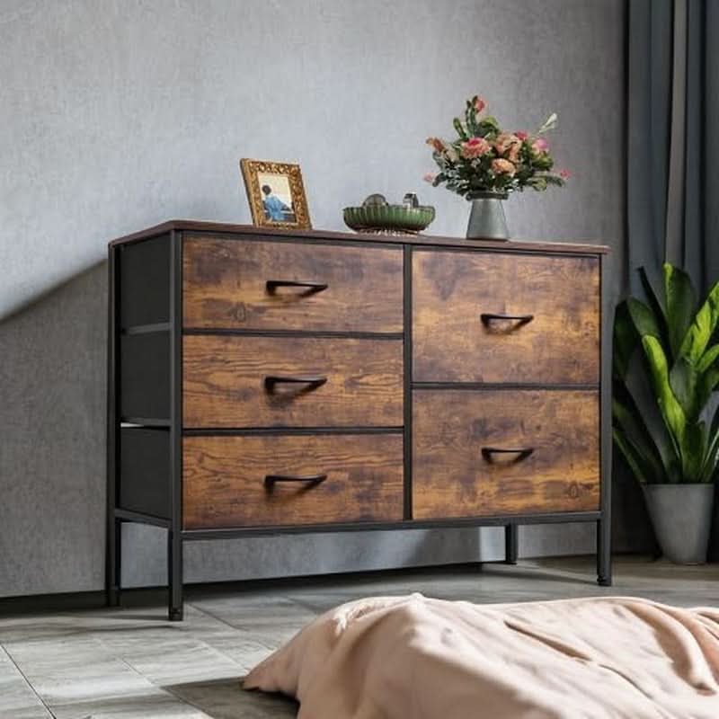 Rustic Brown Wood Grain 5 Drawer Dresser For Bedroom