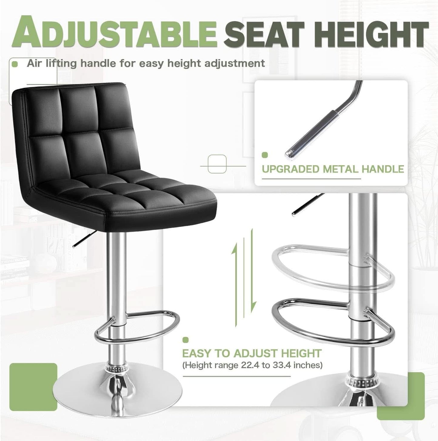 Bar Stools Set Of 2 Black PU Leather Swivel Adjustable Counter Height