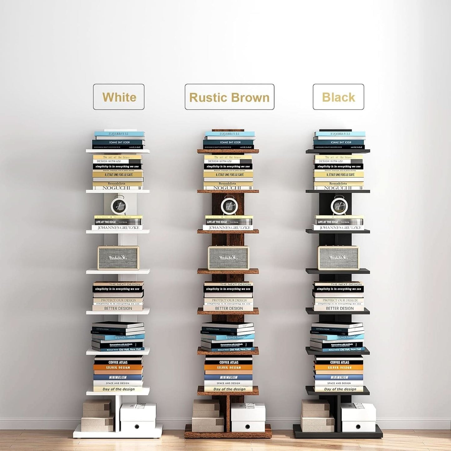 Vertical Bookshelf 8 Tier White Bookcase Living Room