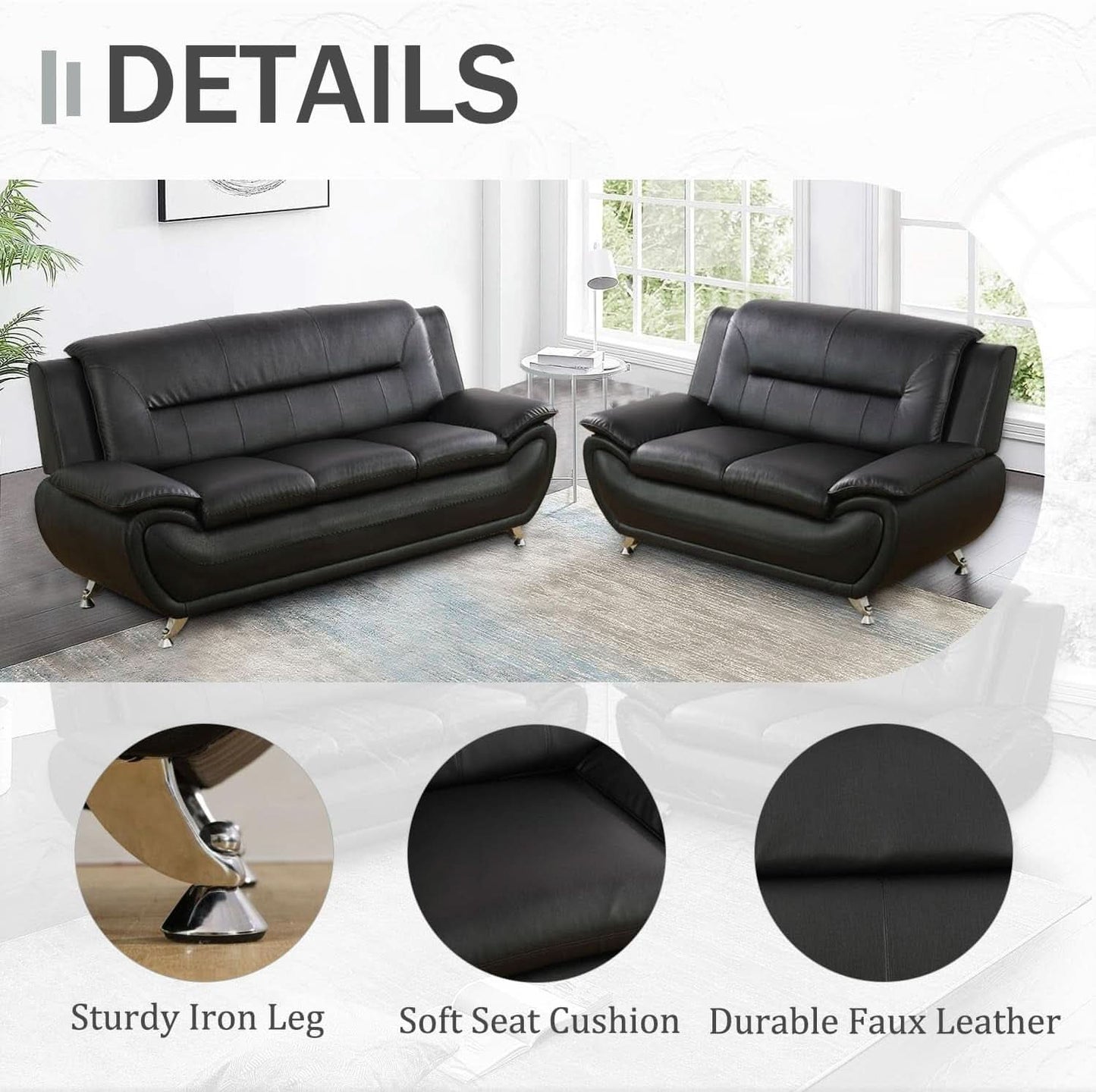 Black Faux Leather Sofa Loveseat 2 Piece Living Room Set