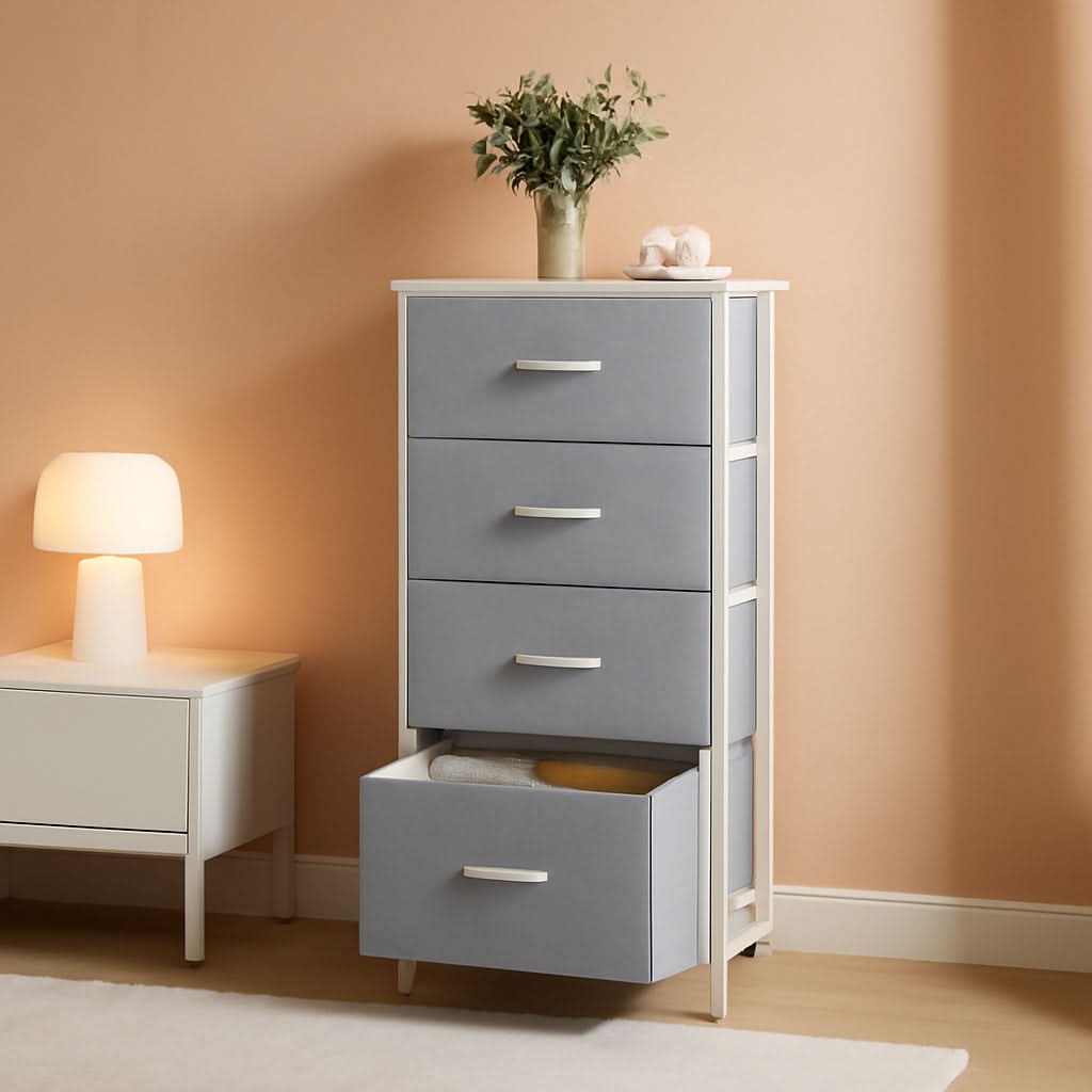 Light Grey Fabric Dresser With Four Drawers For Bedroom
