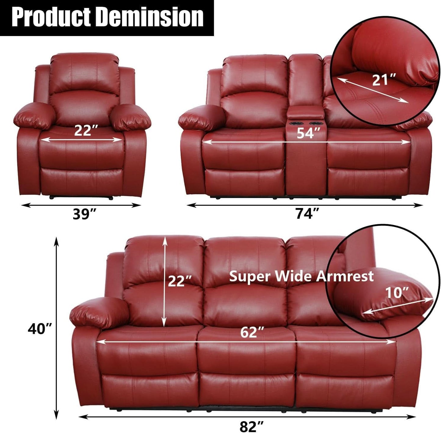 Red Faux Leather Reclining Loveseat With Storage Console