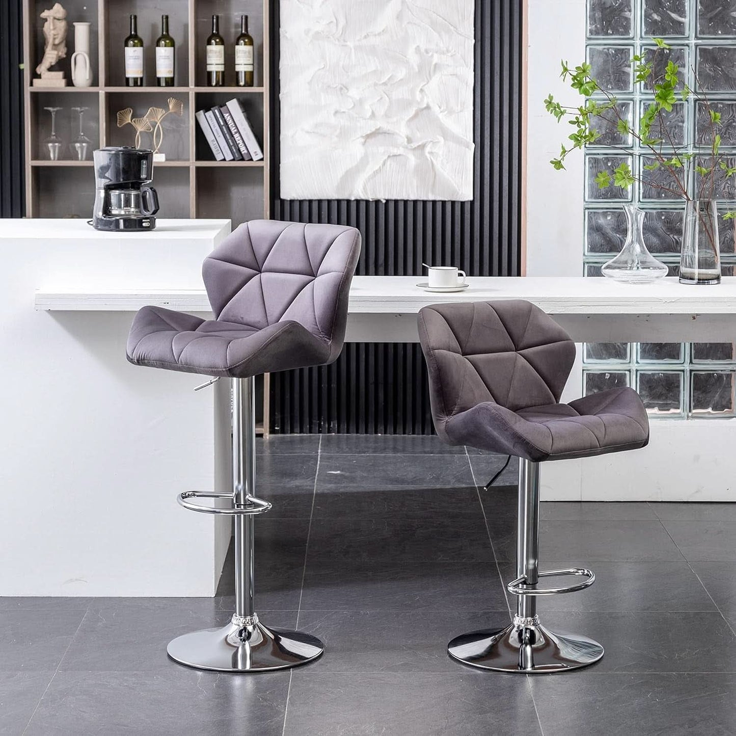 Breni Velvet Diamond Tufted Swivel Adjustable Height Bar Stool Set Of 2 Gray