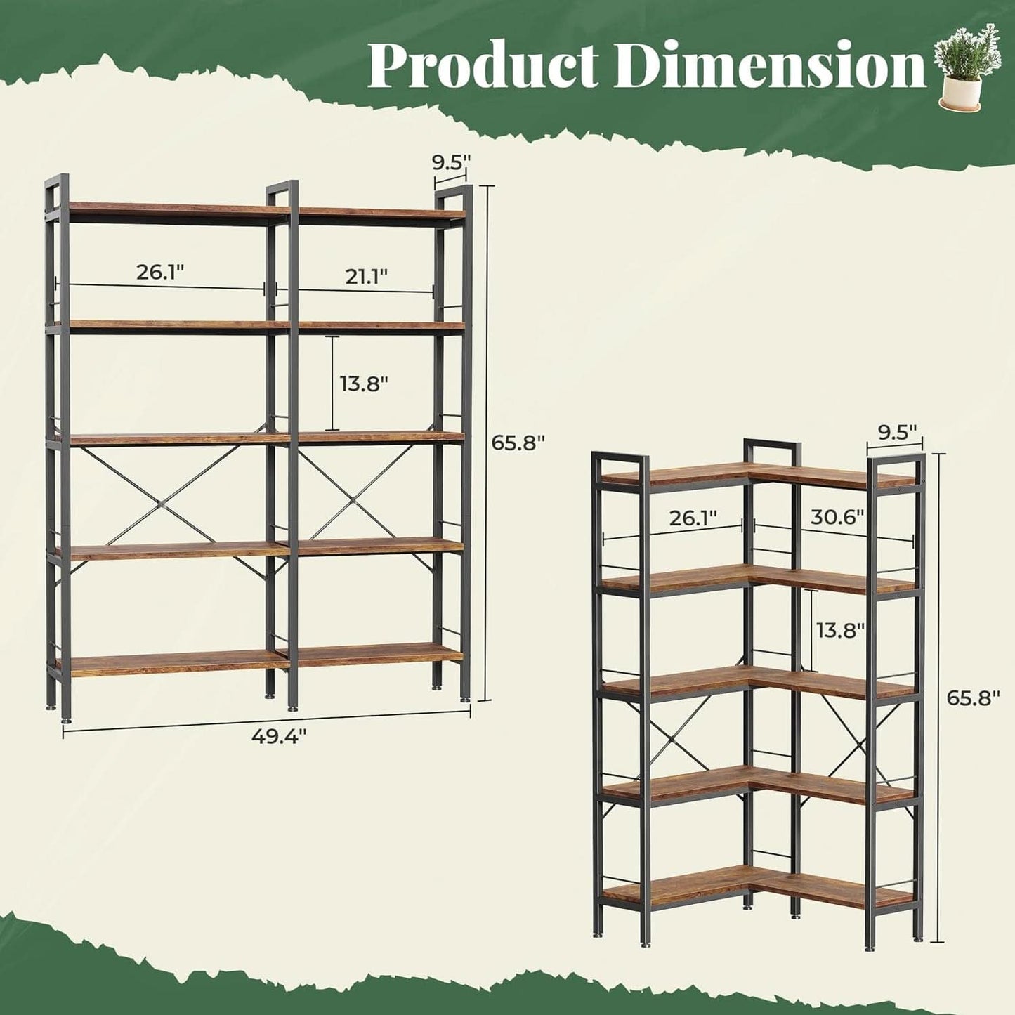 L Shaped Corner Bookshelf 49 Inch Rustic Brown Wood Metal Frame