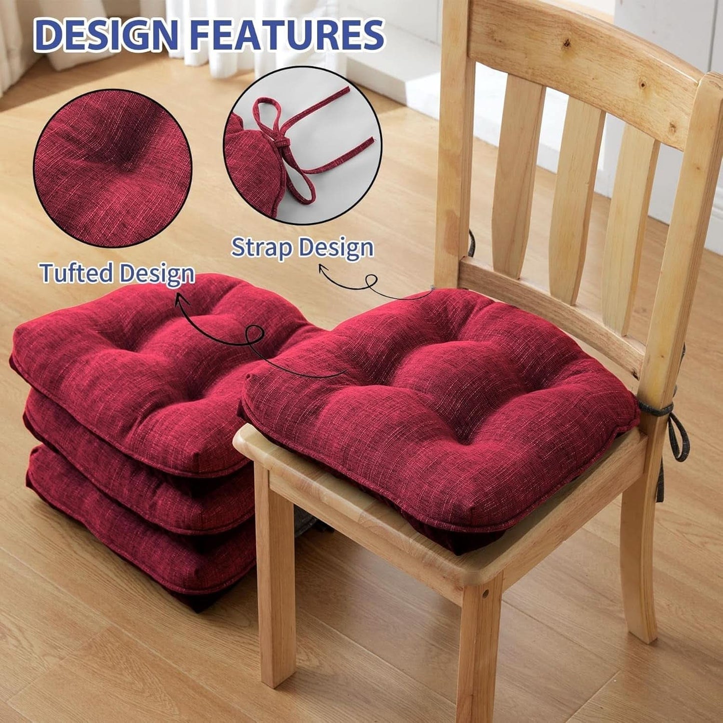 Red Tufted Memory Foam Chair Cushions 4 Pack Non Slip Ties