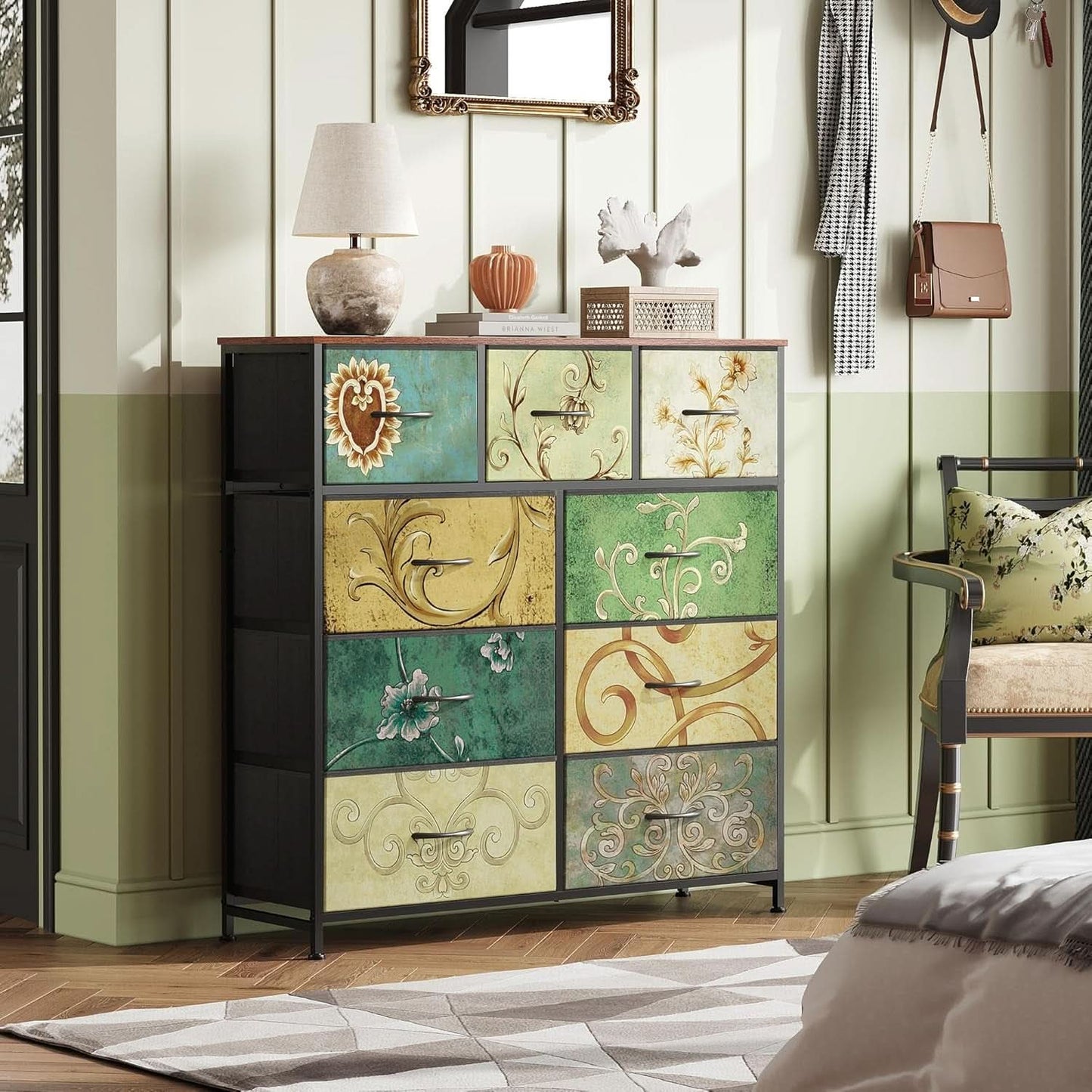 9 Drawer Dresser With Fabric Bins Floral Pattern Wood Top