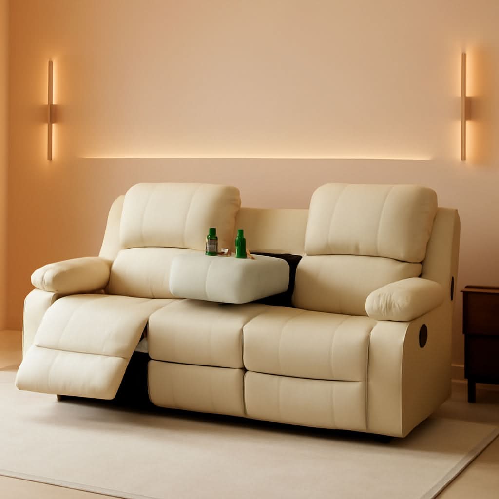 Beige 3 Seater Manual Reclining Sofa With Cup Holders