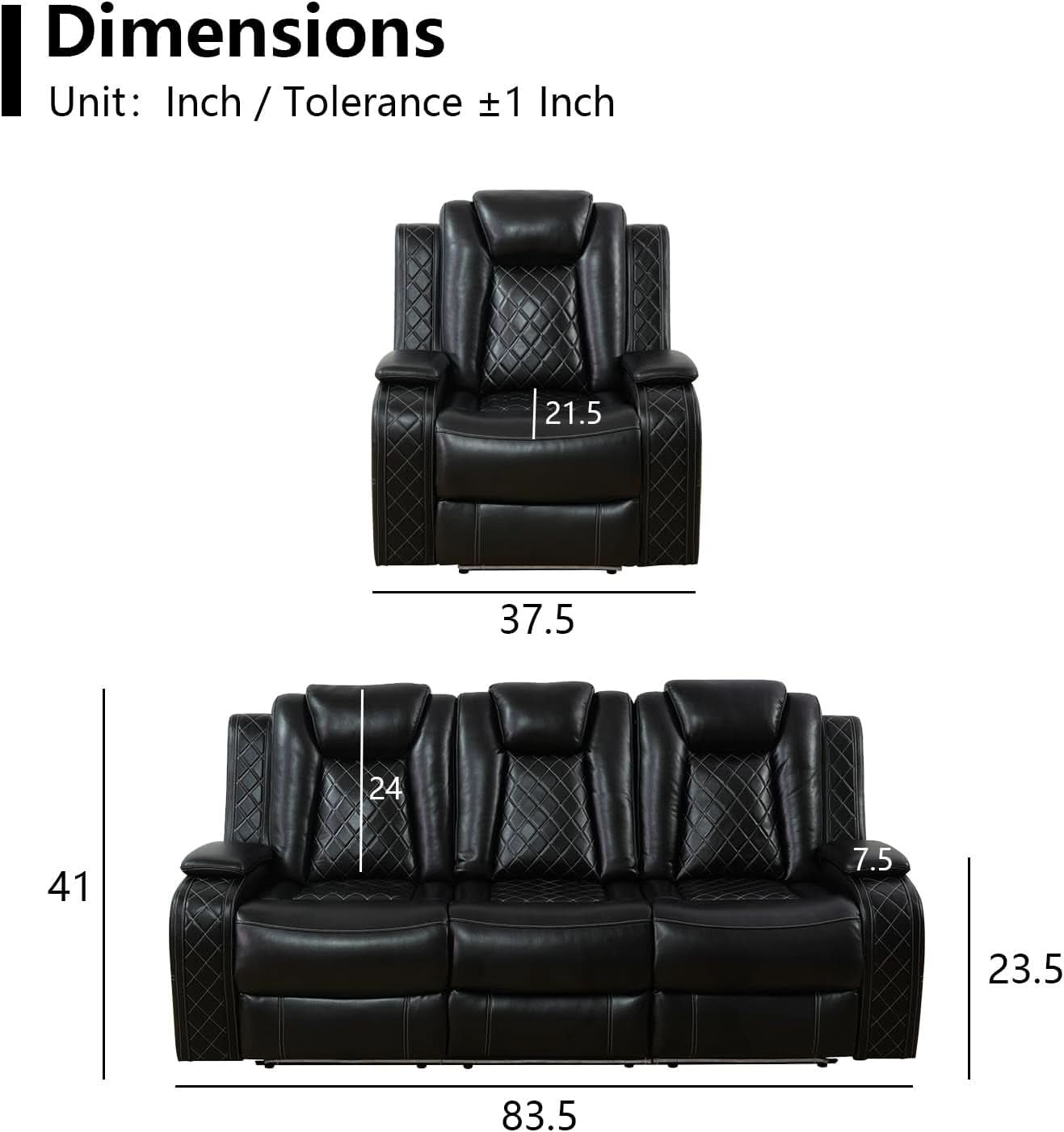 Black Leather Reclining Sofa Set With LED Light Living Room