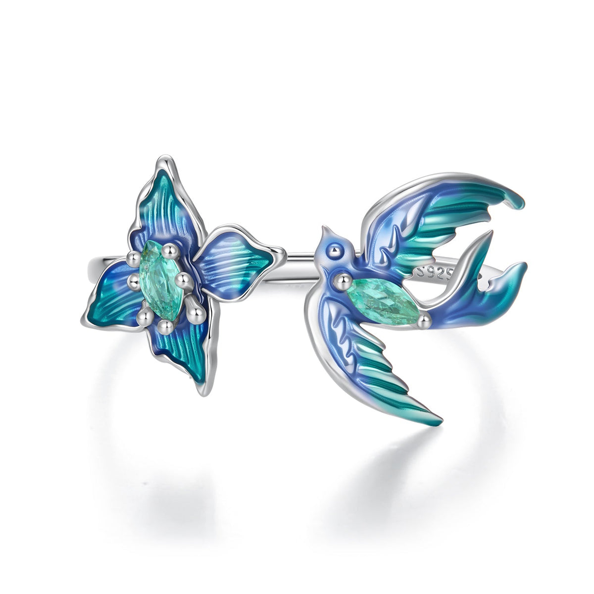 925 Sterling Silver White Gold Plated Enamel Transparent Glass 1.2cm Bird Ring for Women