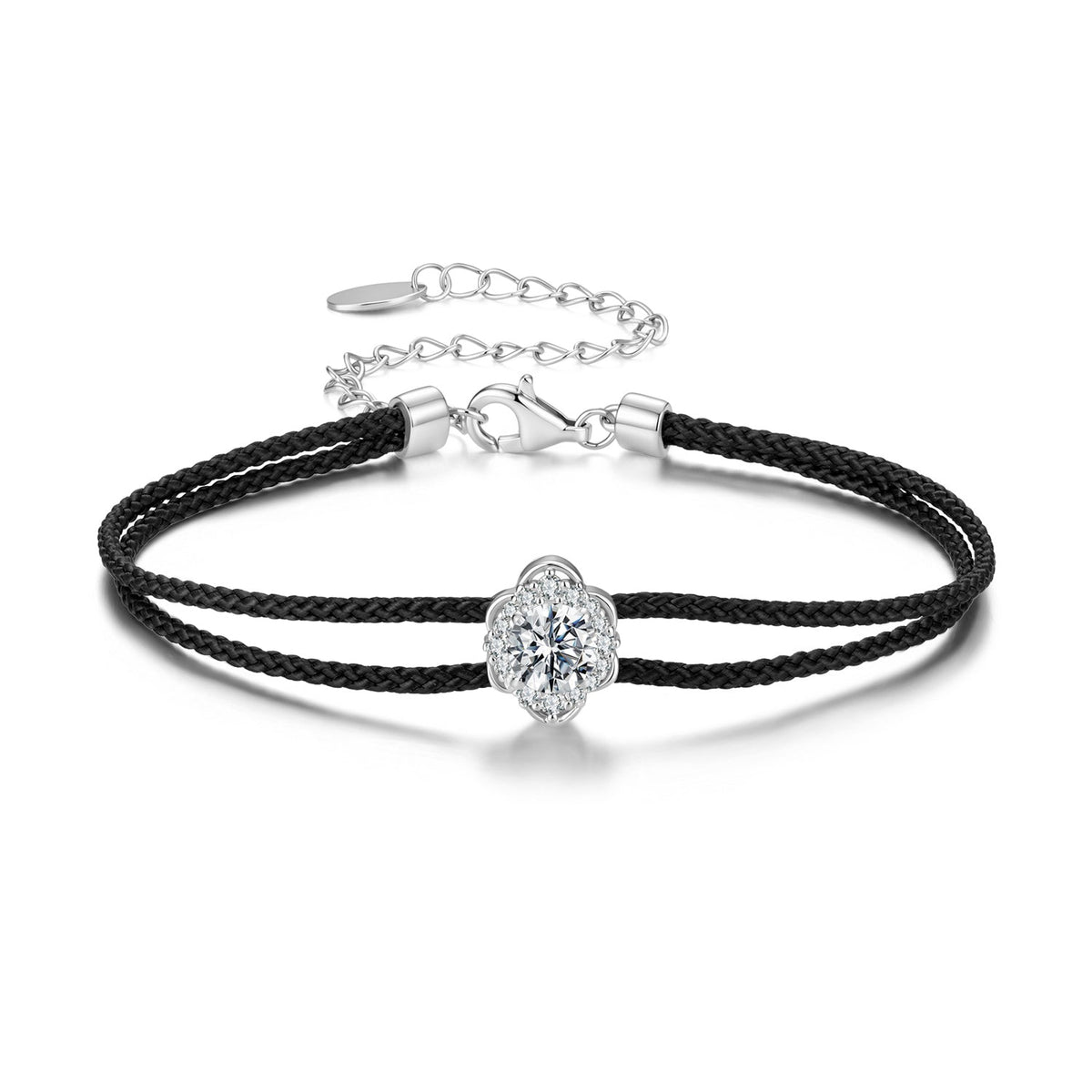 925 Sterling Silver White Gold Plated Round Moissanite 15+6cm Cotton Cord Bracelet for Women
