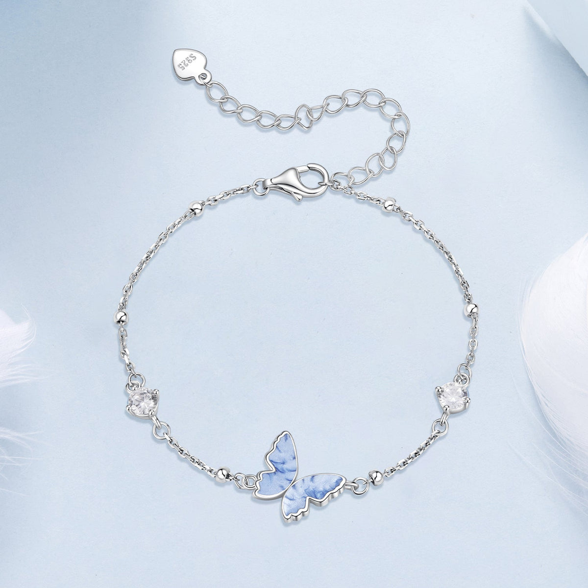 925 Sterling Silver White Gold Plated Bracelet with Enamel and CZ - 15+6cm Length