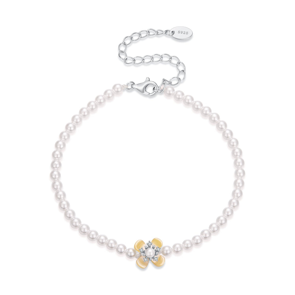 925 Sterling Silver White Gold Plated Nacre Synthetic Pearl CZ 16+5cm Bracelet for Women