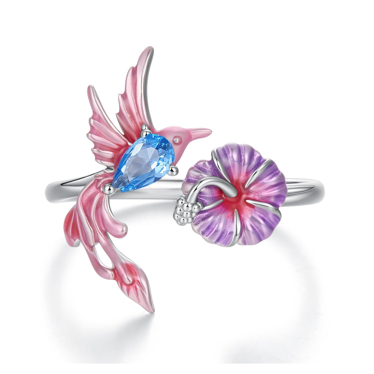 925 Sterling Silver White Gold Plated Enamel Pavé CZ Bird 1.9cm Ring for Women