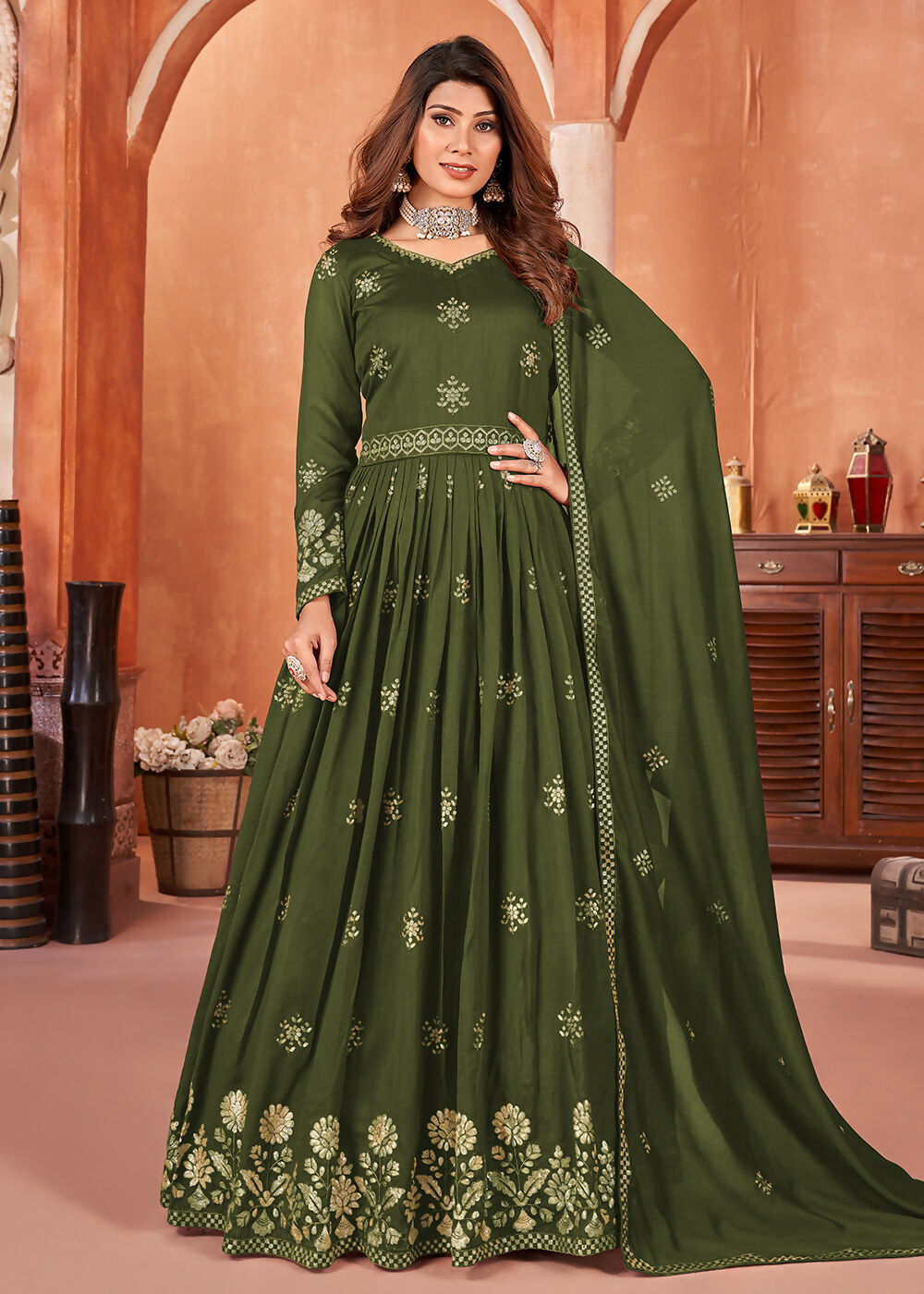 Mehndi Green Festive Embroidered Art Silk Anarkali Suit - Emponline