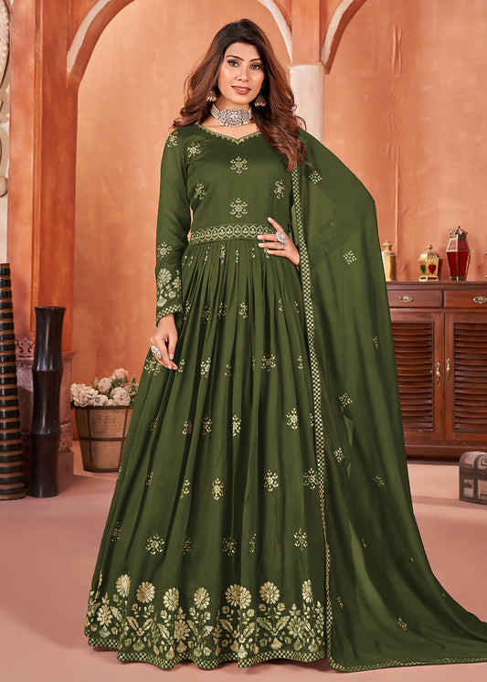 Mehndi Green Festive Embroidered Art Silk Anarkali Suit - Emponline