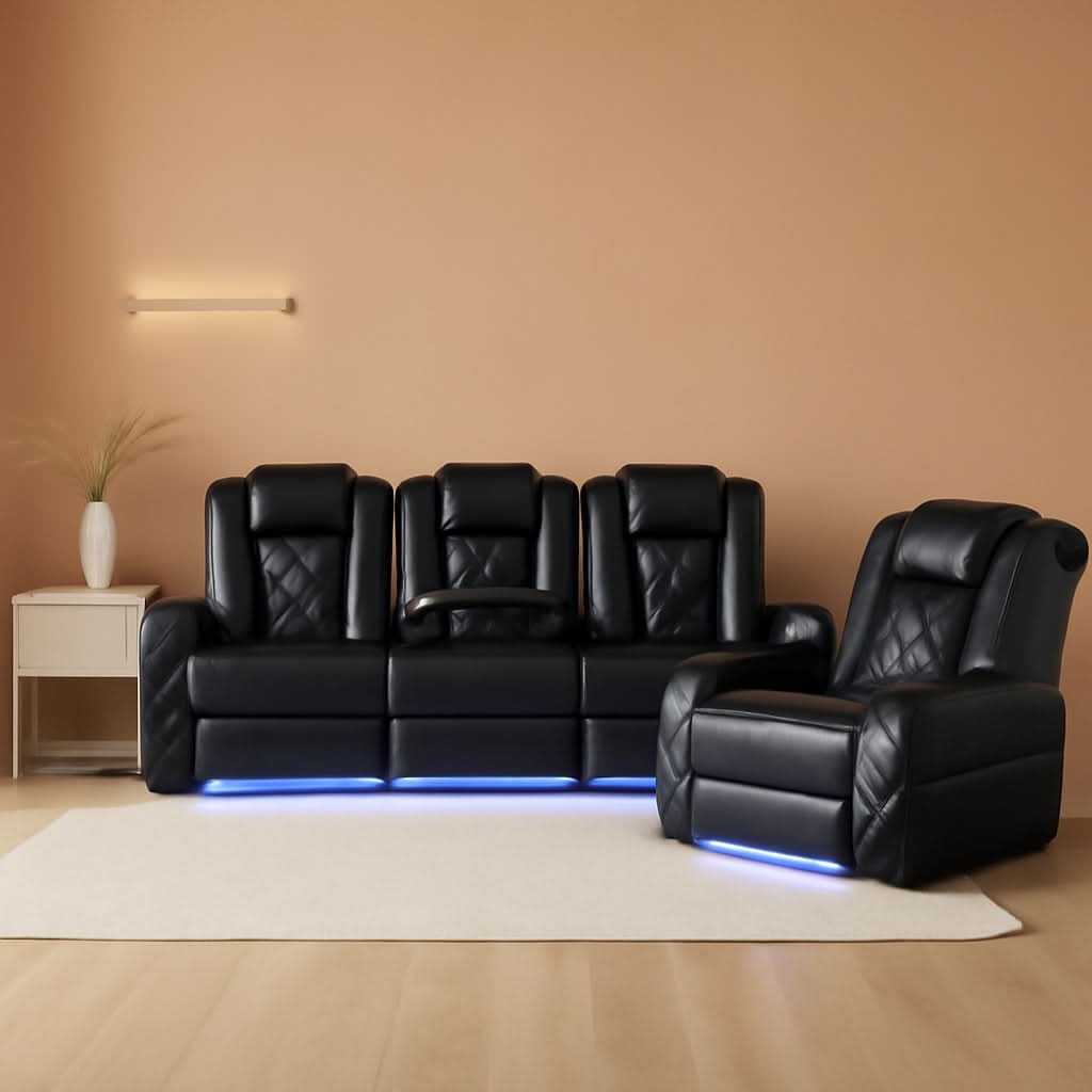 Black Leather Reclining Sofa Set With LED Light Living Room