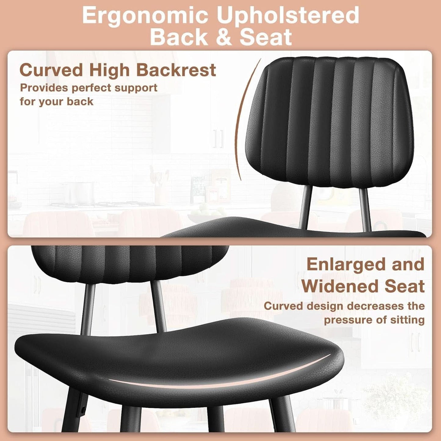 Bar Stools Set 2 24.6In Counter Height Black Faux Leather
