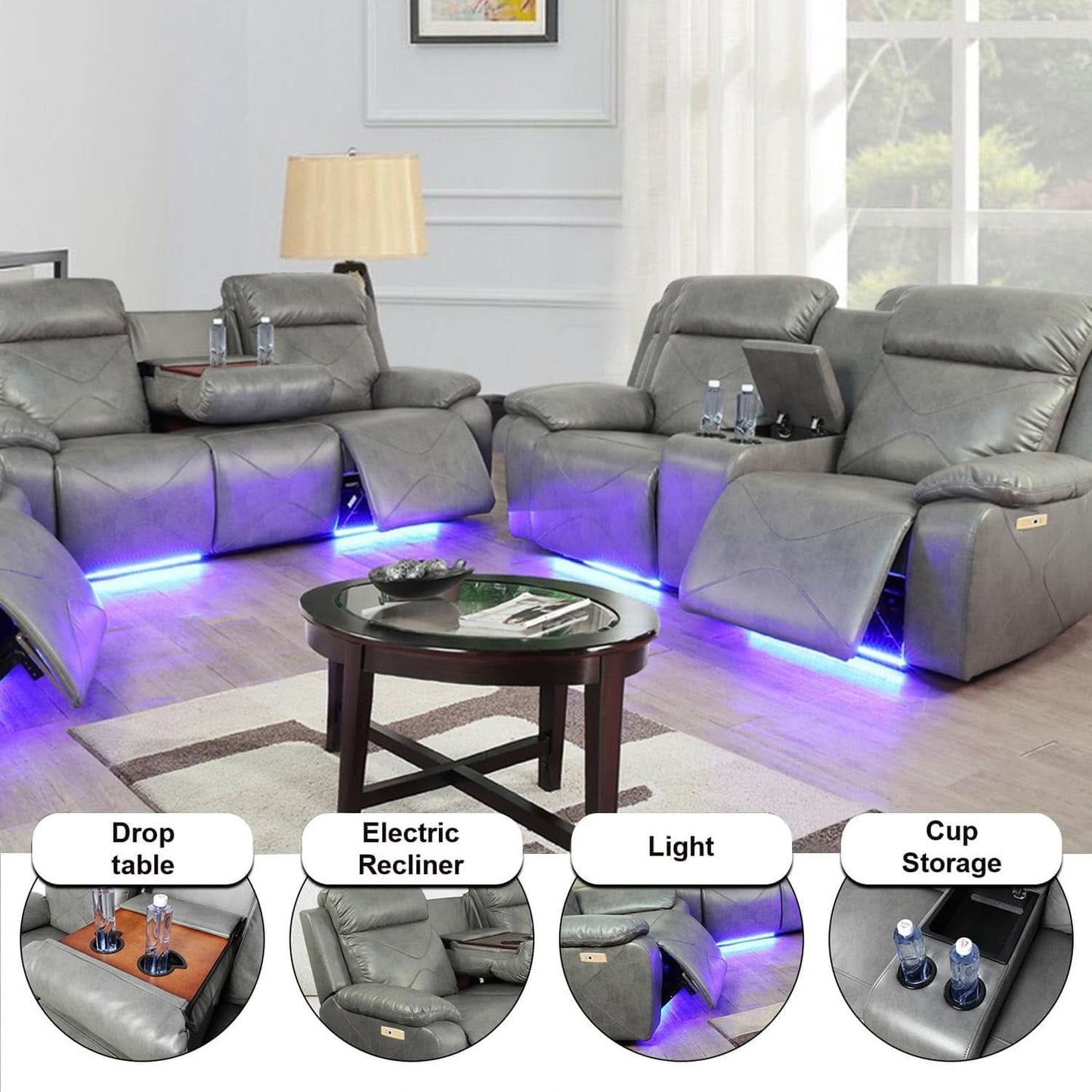 Power Leather Recliner Sofa Set, 2 Piece With LED Lights And USB Ports, Grey