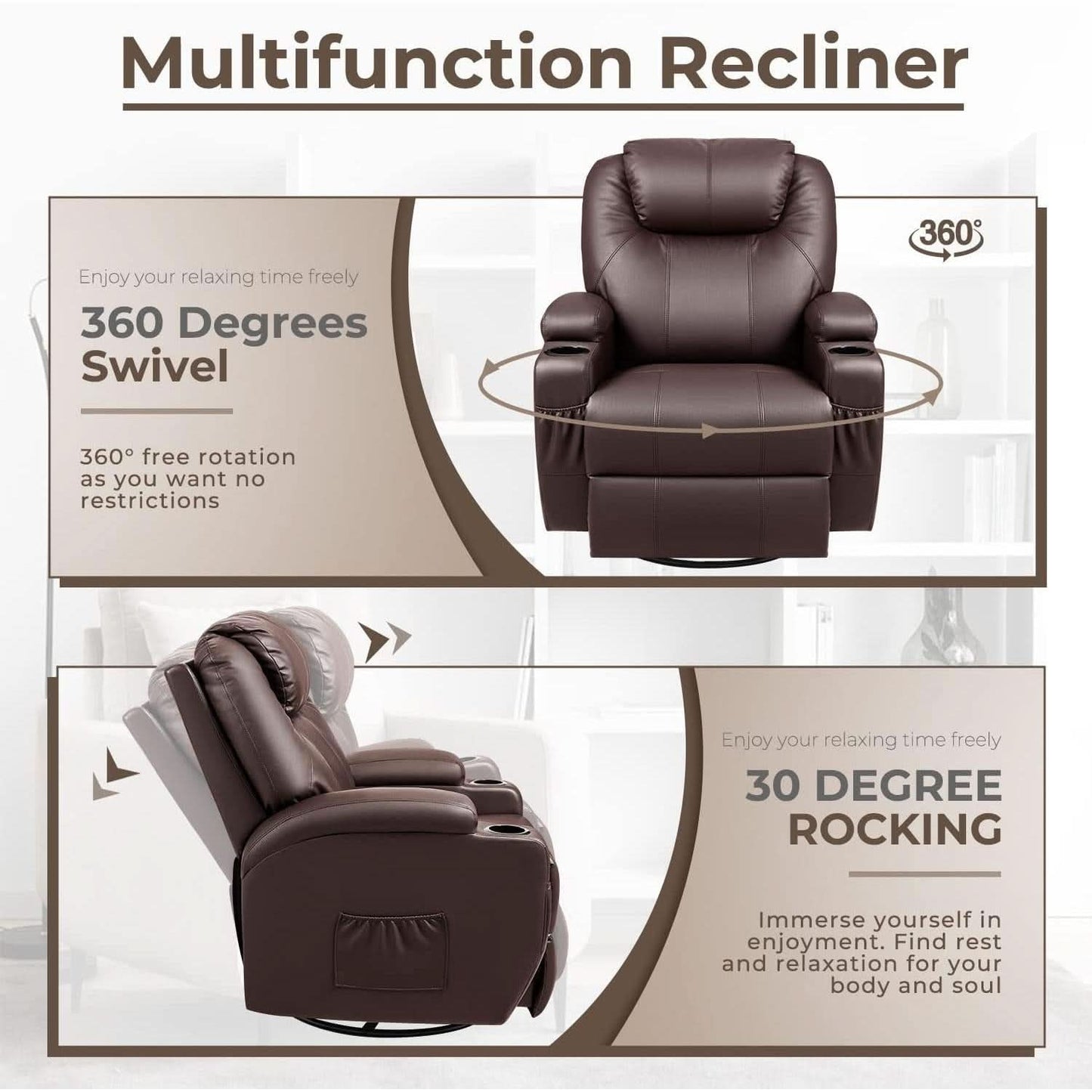 PU Leather Recliner Chair With Massage And Heat Brown