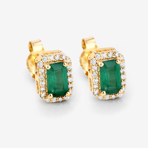 0.91 Carat Genuine Zambian Emerald and White Diamond 14K Yellow Gold Earrings