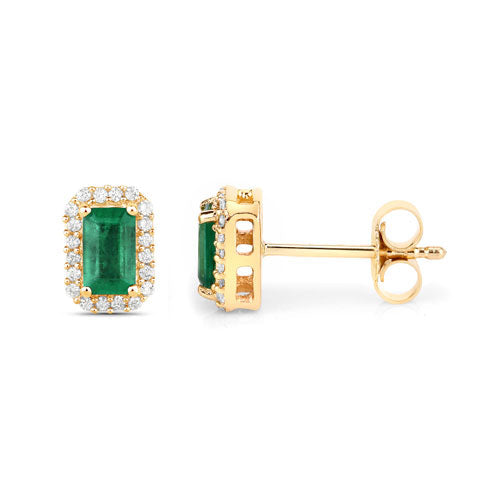 0.91 Carat Genuine Zambian Emerald and White Diamond 14K Yellow Gold Earrings