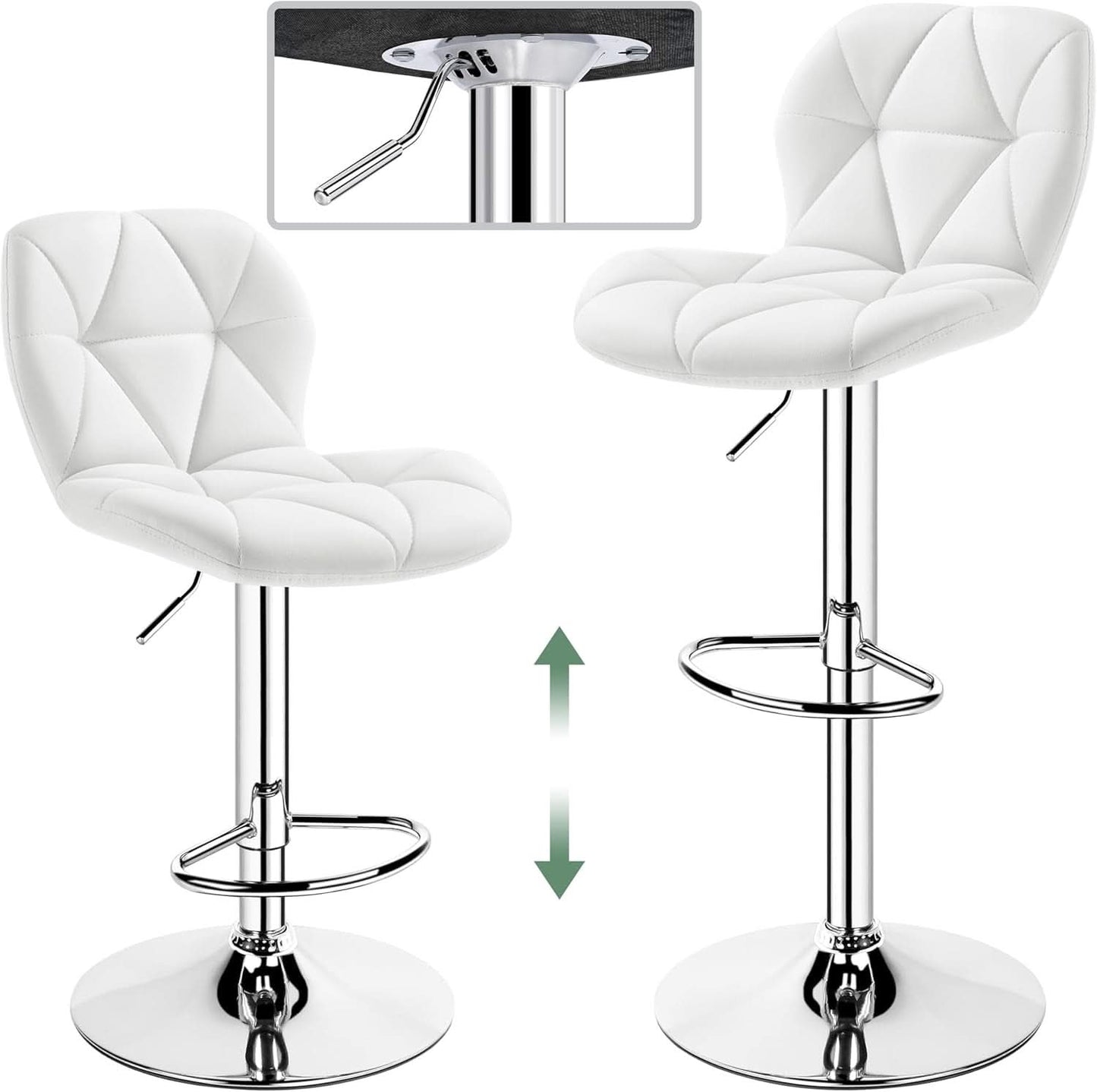 Pair Of White PU Leather Height Adjustable Bar Stools