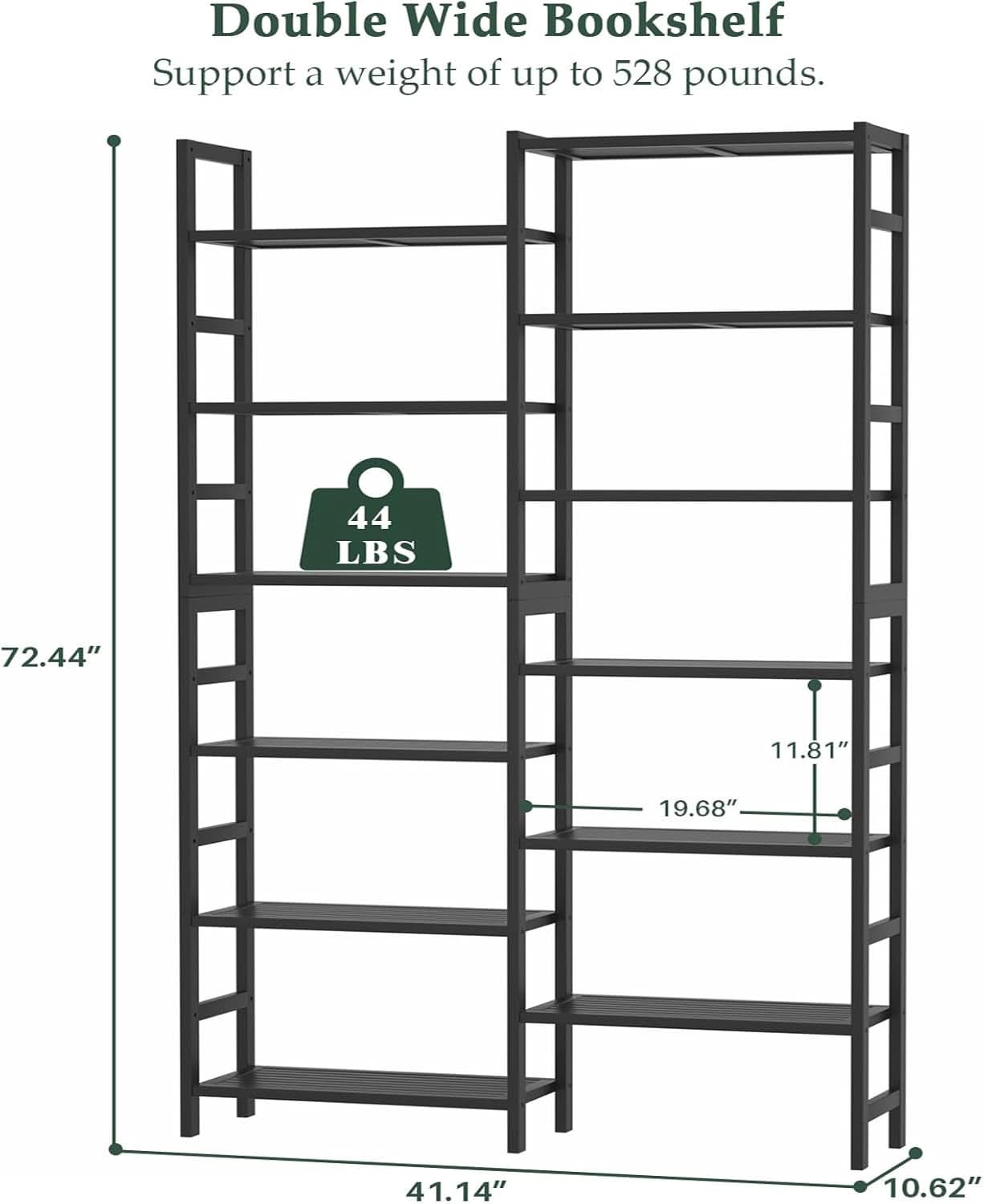 Double Wide Black Bookshelf Freestanding 6 Feet Tall