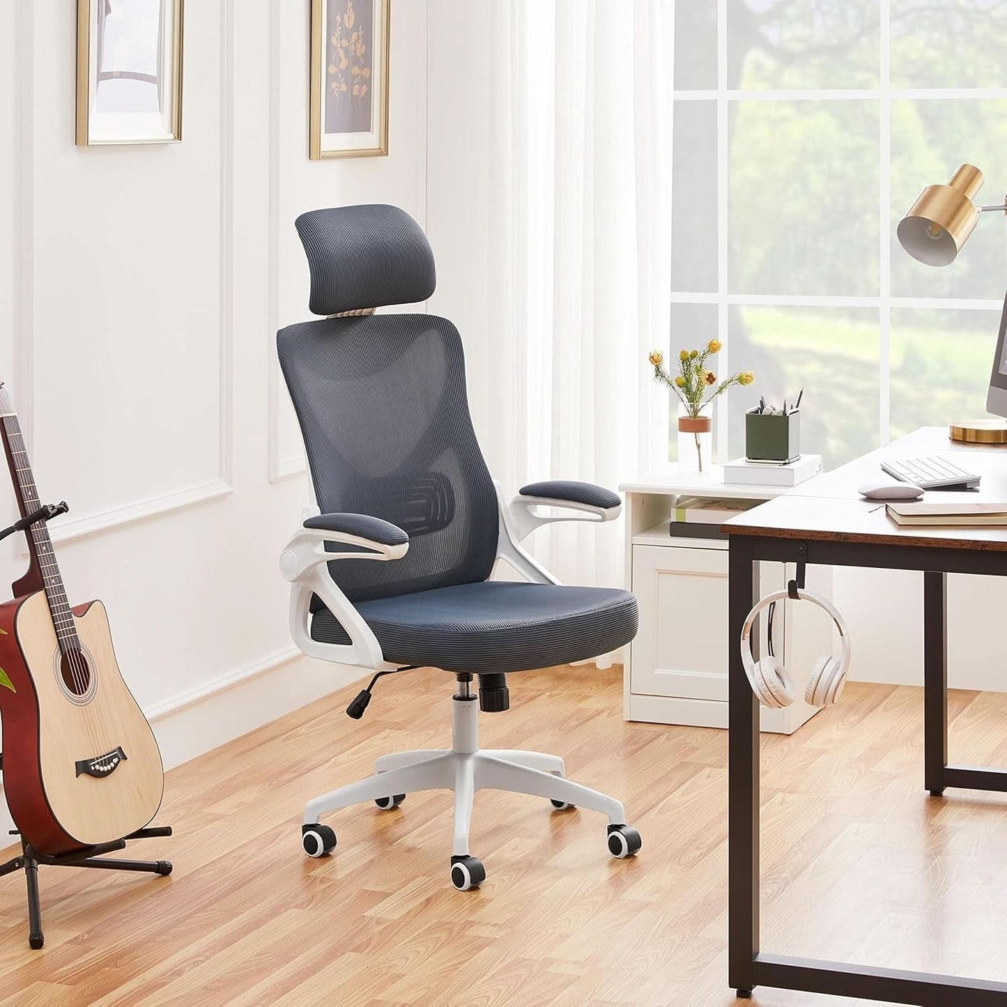 Ergonomic Mesh Office Chair White Gray With Flip Up Armrests