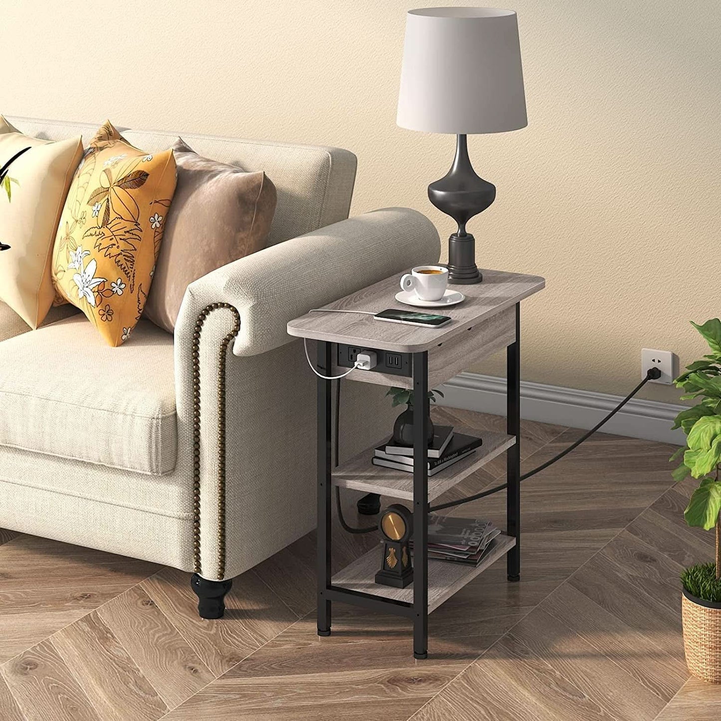 End Table With Vertical Charging Station And USB Outlets Greige