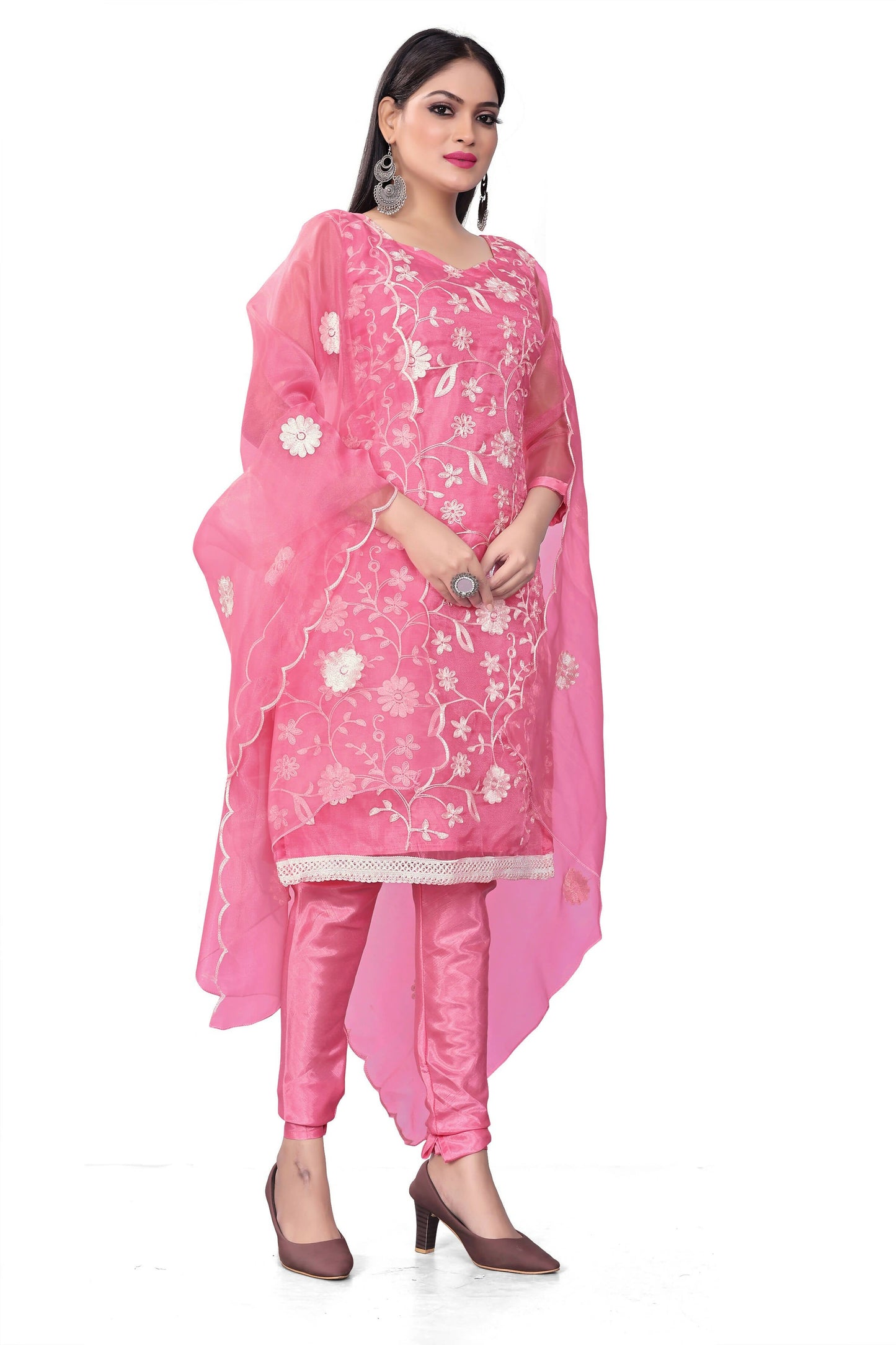Pink Organza Silk Embroidered Work Unstitched Dress Material - Tanvi