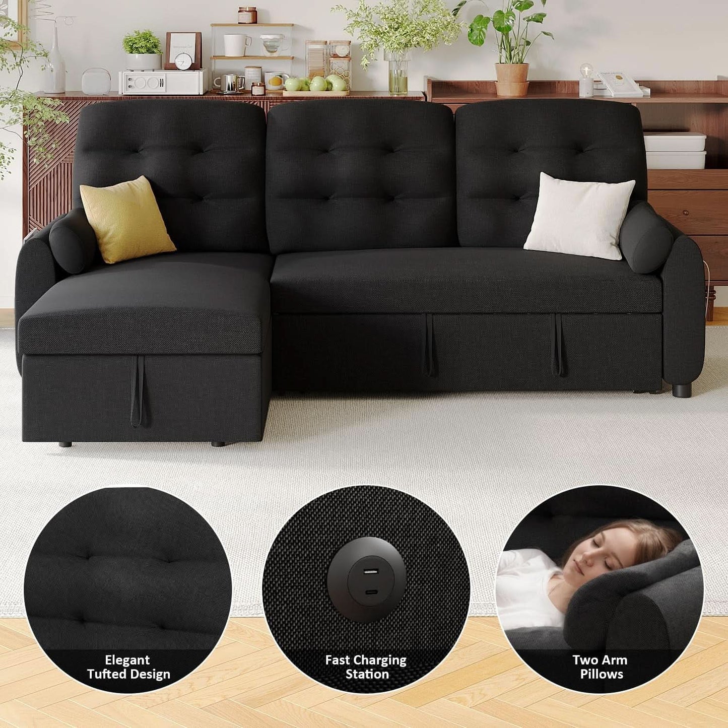 86Inch Convertible Sleeper Sectional With USB Ports