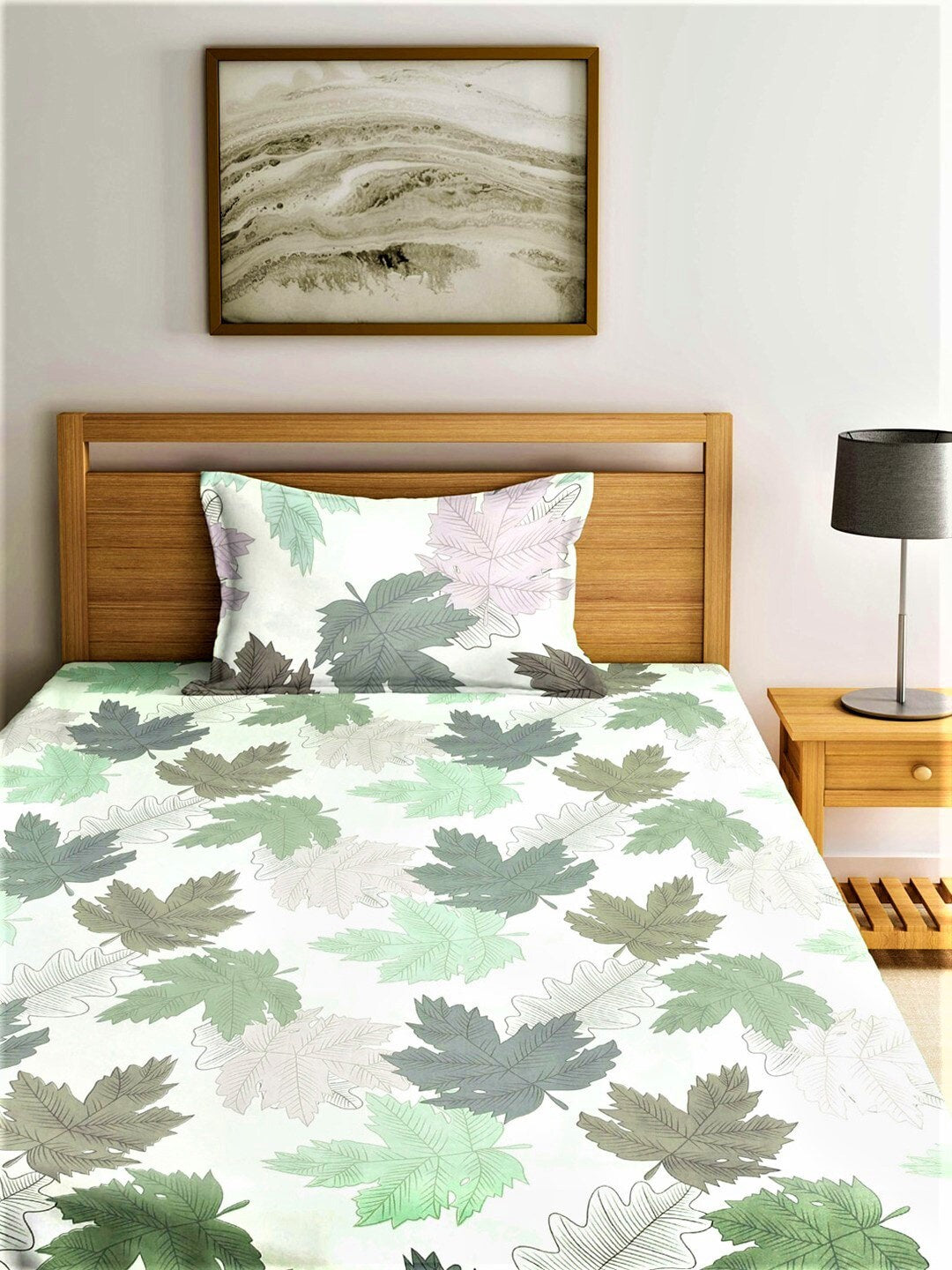 Home Sizzler White & Green Floral 210 TC Bedsheet with Pillow Covers