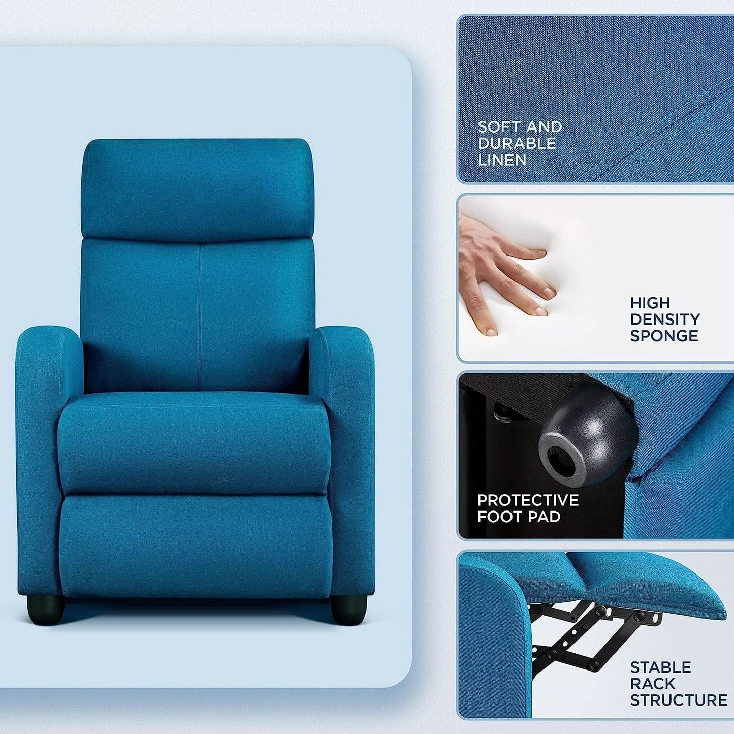 Blue Fabric Recliner Chair For Living Room Comfort